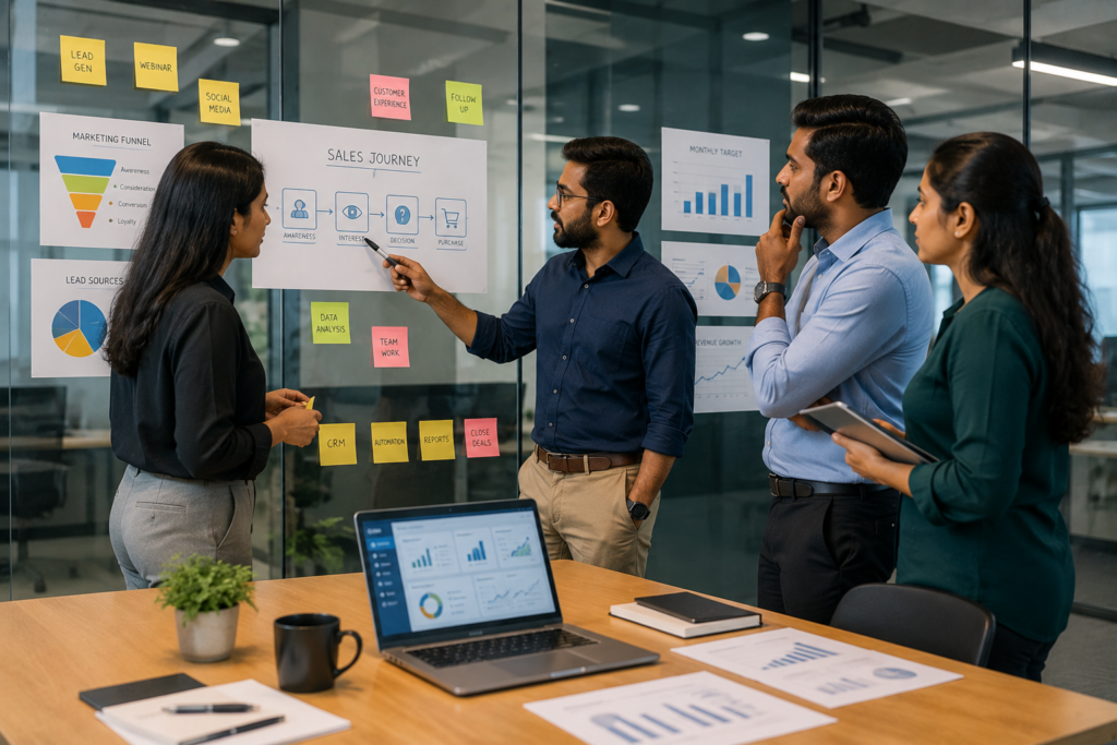 Idea 1 – Glass Wall Strategy Session ⭐ (My Top Recommendation)A team of Indian managers stands around a large glass wall covered with sticky notes, printed sales charts, and CRM workflow diagrams. One manager points to a sales journey while others discuss next steps. A laptop on the table displays a simple CRM dashboard without readable text. This feels like a real strategy meeting instead of another person sitting alone.Style: Adobe Stock executive meeting photography.