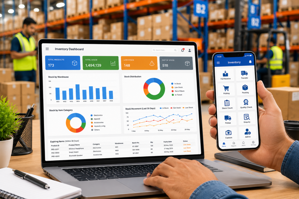 Inventory dashboard for stock control, purchase planning, and warehouse visibility