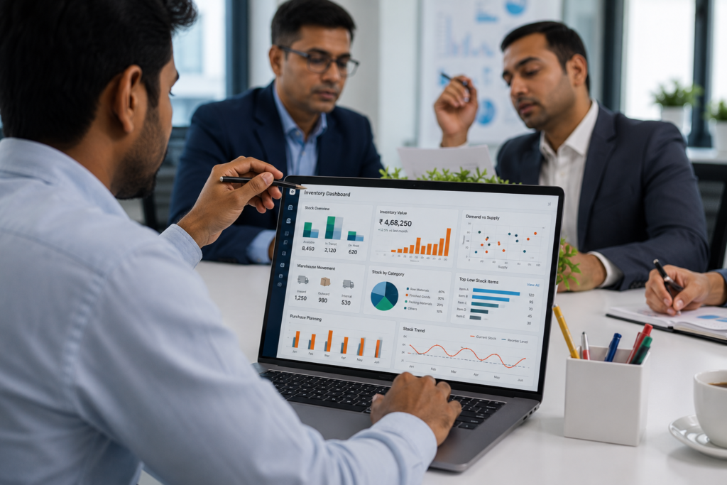 Inventory dashboards help businesses track stock, purchase planning, warehouse movement, and demand.