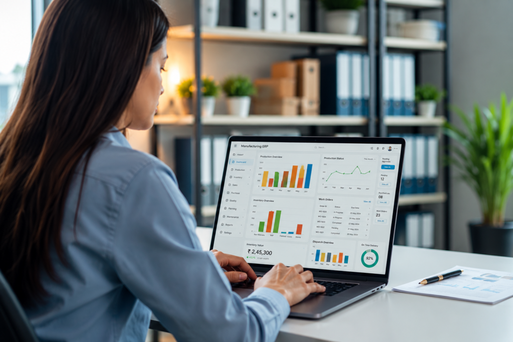 Manufacturing ERP workflows help teams manage production, approvals, inventory, and dispatch.