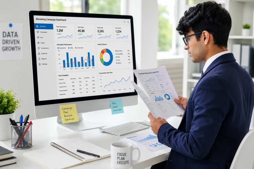 Marketing campaign dashboard for tracking ads, leads, and conversions