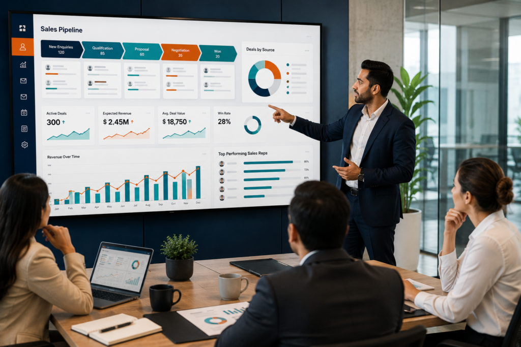 CRM solutions dashboard for customer service and sales performance